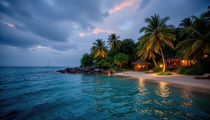 Tranquil Beach at Sunset with Lush Palm Trees and Peaceful Ocean Reflections