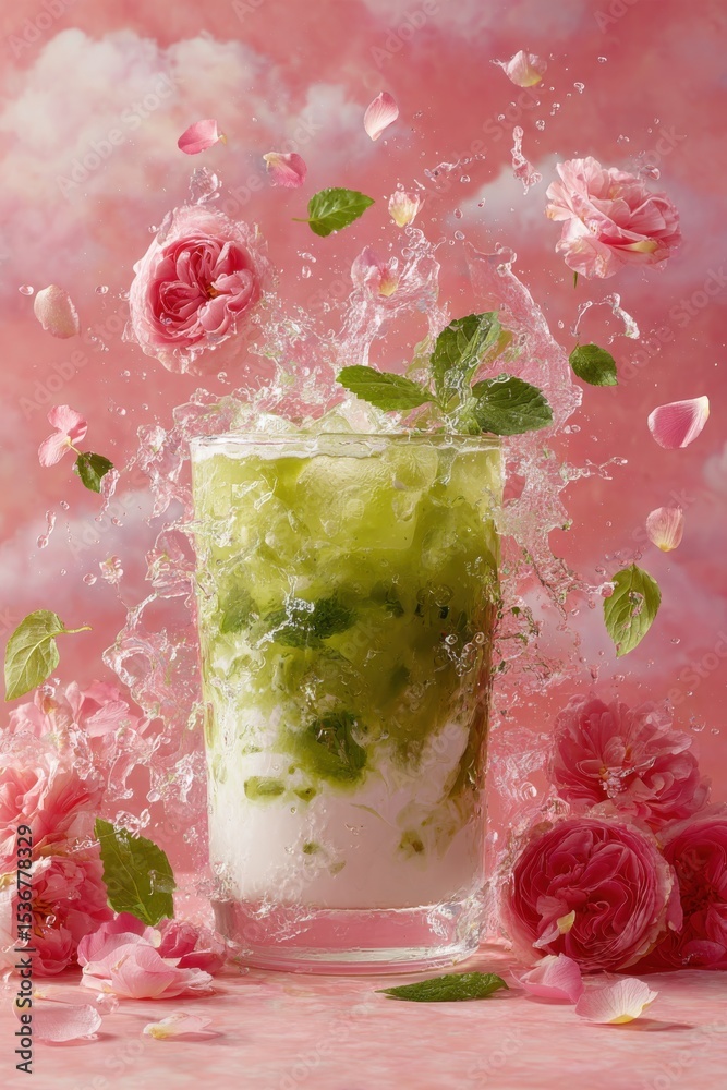 Poster refreshing matcha latte with roses and splashing water, representing summer relaxation and beverage 