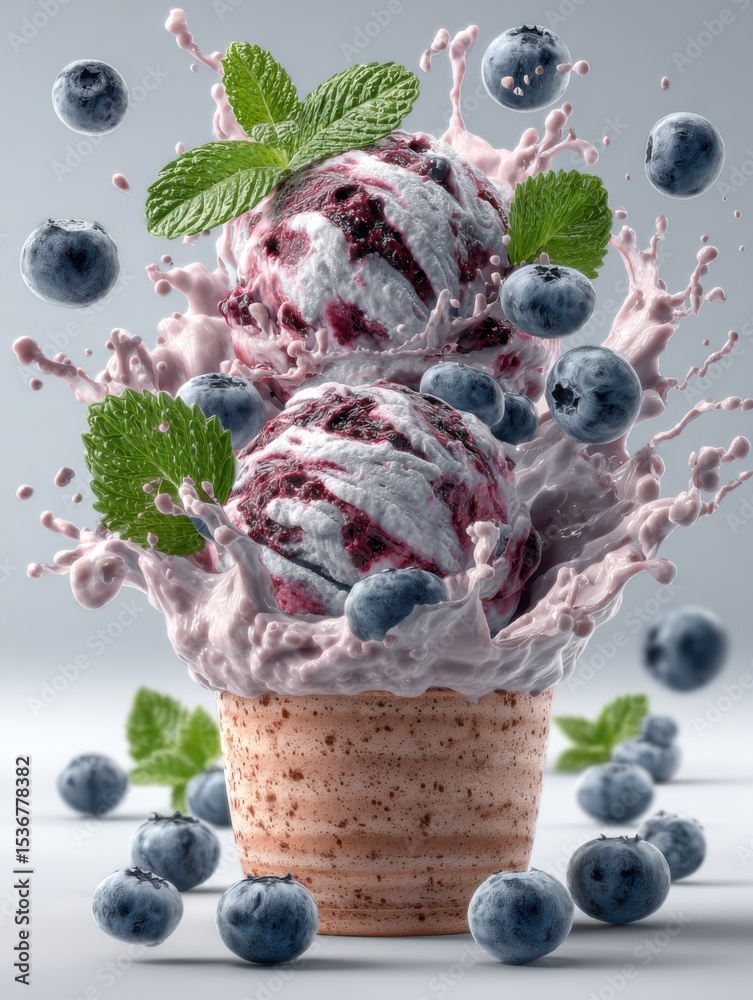 Poster blueberry swirl ice cream cones with milk splash, representing indulgence and summer treats for food