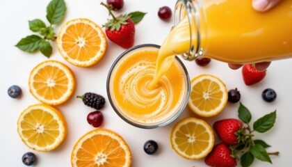 Freshly Squeezed Orange Juice Pouring Into Glass Surrounded By Colorful Fruits On White Table