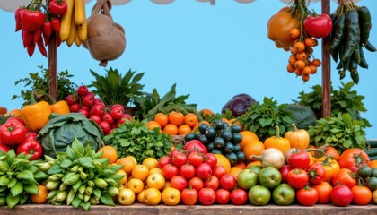 Colorful Array of Fresh Fruits and Vegetables Displayed at a Busy Market Stall