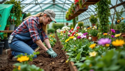 Woman Gardening and Planting Flowers in a Lush Greenhouse Surrounded by Colorful Blooms