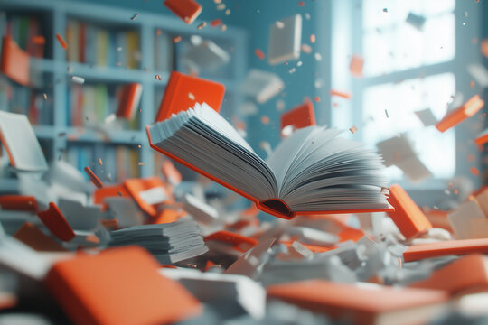 An open book floats amidst a whirlwind of pages in a well-lit library, showcasing a dynamic display of flying literature - Powered by Adobe