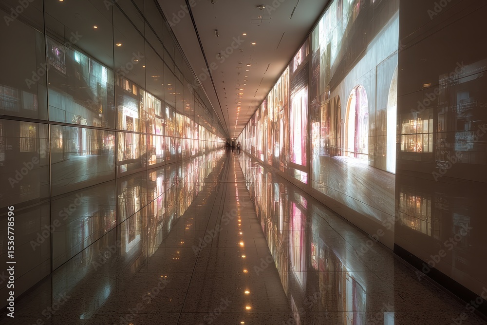 Aufkleber hallway with reflected light and distant figures, representing a journey of discovery and the pursui