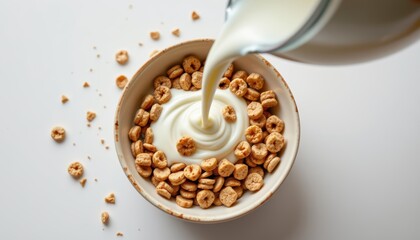 Creamy Milk Pouring Over Crunchy Cereal in Bowl on Wooden Table for Healthy Breakfast