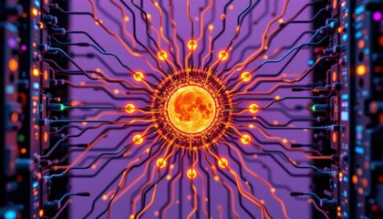 Abstract Representation of a Vibrant Sun with Circuit Patterns Against a Purple Background