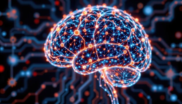 Abstract Brain Imagery with Digital Circuitry and Glowing Connections Representing Neural Innovation