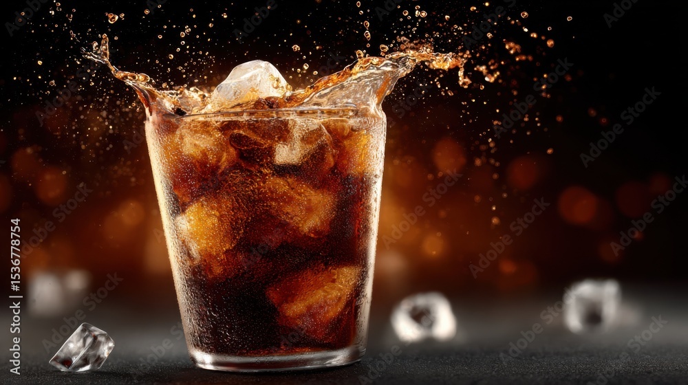 Aufkleber Refreshing Cola Drink With Ice Cubes and Splashing Liquid, Representing Beverage Advertising and Summer Refreshment : Generative AI