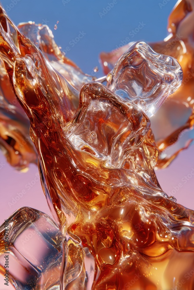 Poster Abstract Amber Liquid Splash with Ice Cubes, Showcasing Purity and Refreshment in a Modern Design for Beverage Marketing and Product Visualization : Generative AI