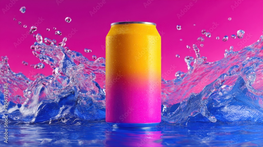 Poster soda can with gradient colors surrounded by splashing water, showcasing refreshment and summer bever