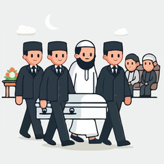 image of muslim people escorting to the funeral with a simple and minimalist flat design using a white background