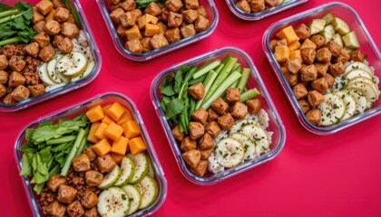 Healthy Meal Prep Containers with Colorful Vegetables and Plant Based Protein on Red Background