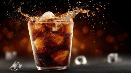 Refreshing Cola Drink With Ice Cubes and Splashing Liquid, Representing Beverage Advertising and Summer Refreshment : Generative AI