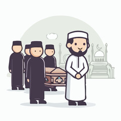 image of muslim people escorting to the funeral with a simple and minimalist flat design using a white background