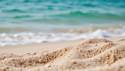 Close Up View of Soft Sand with Gentle Ocean Waves Lapping at the Shore on a Sunny Day
