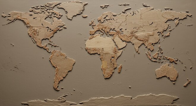 Intricate Wooden World Map: A Global Perspective - Powered by Adobe