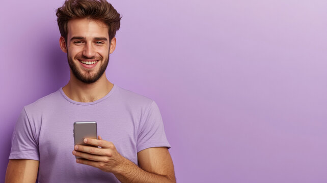 young handsome man holding smartphone on purple background