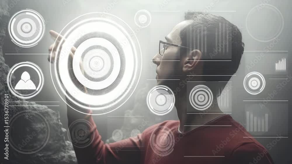 Poster a man with glasses gazes at a futuristic, glowing circular interface in a misty, rocky environment.