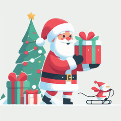 image of santa claus distributing christmas presents with a simple and minimalist flat design using a white background