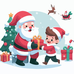image of santa claus distributing christmas presents with a simple and minimalist flat design using a white background