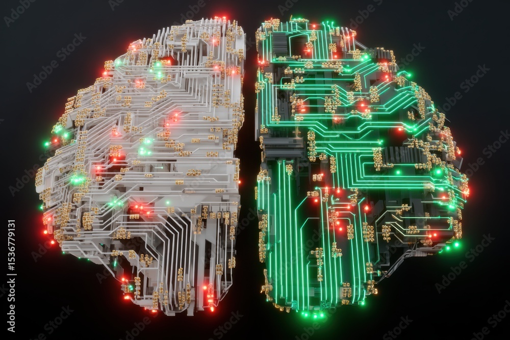 Poster Circuit Board Brain With Glowing Lights, Representing Artificial Intelligence and Technological Innovation in Neural Networks and Data Science : Generative AI