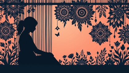 Silhouette of a Woman Meditating by a Decorative Window with Floral and Butterfly Patterns at Sunset