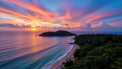 Vibrant Sunset Over Tranquil Ocean with Island and Lush Palm Trees in Tropical Paradise