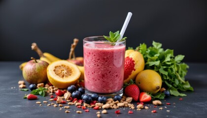 Delicious Strawberry Banana Smoothie Surrounded By Fresh Fruits And Mint Leaves On Dark Background