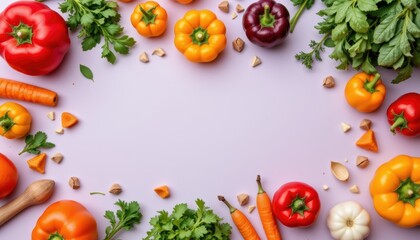 Variety of Fresh Colorful Vegetables Arranged on a Light Purple Background for Healthy Eating