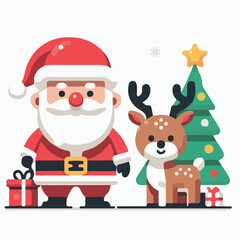 image of santa claus and reindeer with simple and minimalist flat design using white background