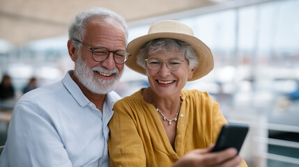 Senior couple reviewing vacation photos on a camera screen