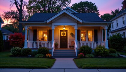 Charming House with Front Porch and Beautiful Garden at Sunset in a Peaceful Neighborhood
