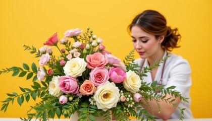 Florist Arranging Vibrant Floral Bouquet of Pink and Yellow Roses Against Bright Yellow Background