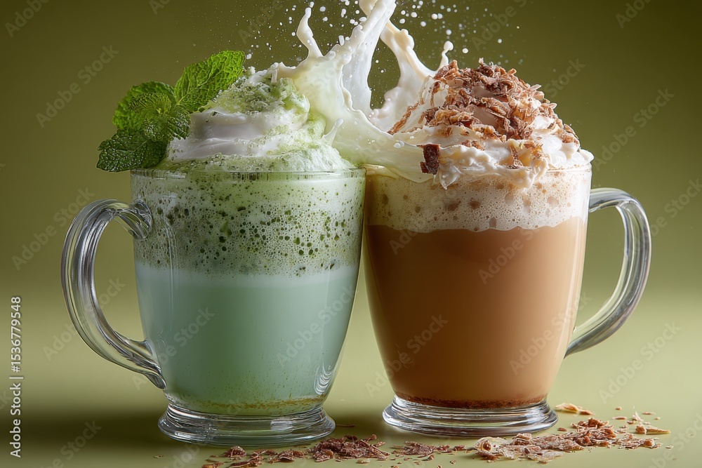 Poster matcha and coffee latte drinks splashing together, representing indulgence and refreshment for food 