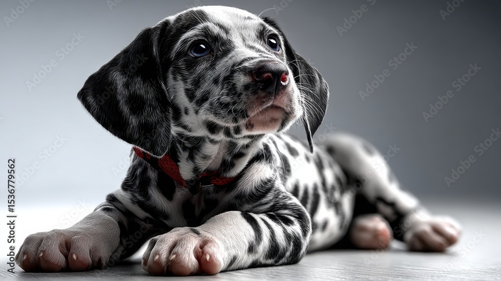 Aufkleber dalmatian puppy lying down with red collar, representing pet adoption and animal welfare, looking up