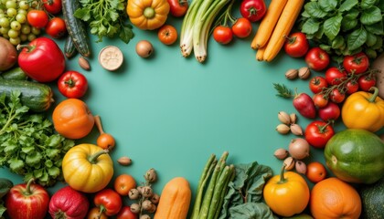 Colorful Arrangement of Fresh Vegetables and Fruits on a Turquoise Surface with Vibrant Colors