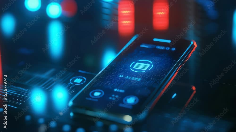 Poster a modern smartphone with glowing blue interface icons in a futuristic digital environment.