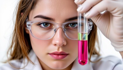 Female Scientist in Laboratory Holding Test Tube with Bright Pink Liquid and Observing Carefully