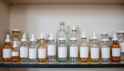 Collection of Various Glass Bottles and Jars with Blank Labels on a Shelf in a Cozy Interior
