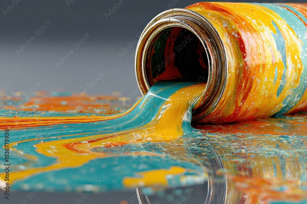 Poster spilled paint can with turquoise and yellow colors, illustrating creative expression and artistic in
