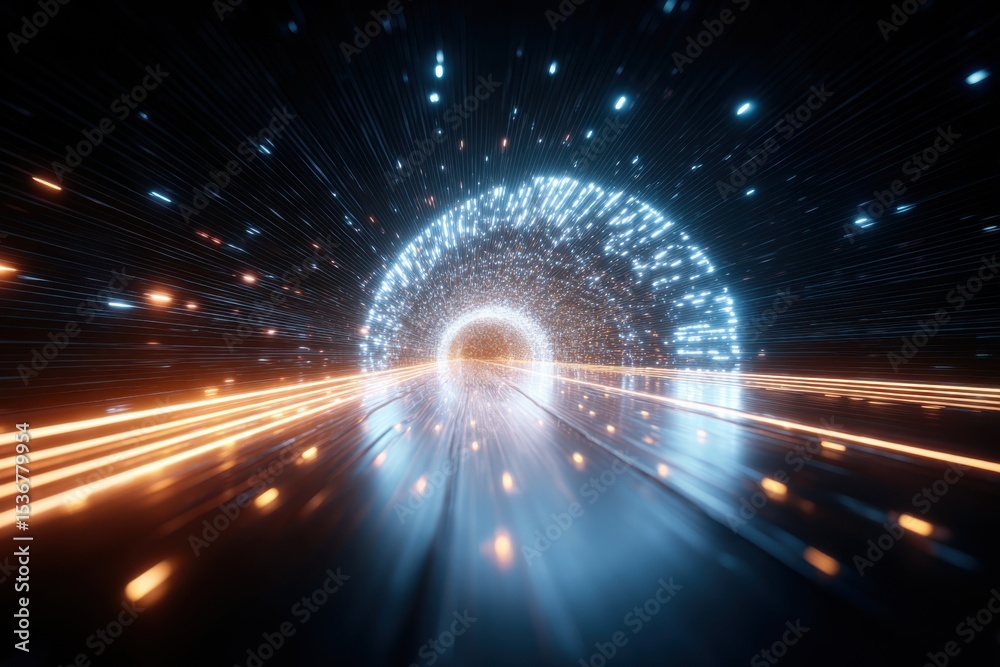 Poster Futuristic Data Stream Tunnel With Glowing Particles, Representing Digital Transformation and Technological Advancement in Business and Innovation : Generative AI
