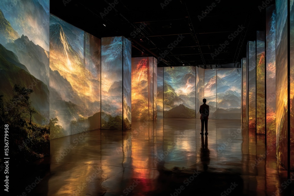Poster Man Standing in Immersive Art Installation With Mountain Views, Representing Creative Vision and Digital Transformation in the Modern World : Generative AI