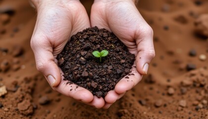 Hands Cradling Fresh Soil With a Small Green Seedling Symbolizing Growth and Nurturing Nature