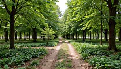 Scenic Pathway Through Lush Green Forest Surrounded by Vibrant Trees Beneath Bright Sunlight
