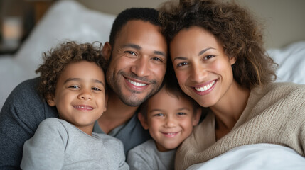A joyful mixed race family playing together in bed at home