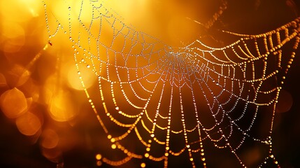 Dew-kissed spider web in warm, golden light