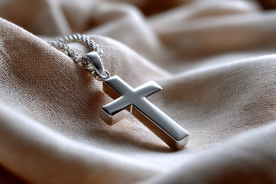 Silver Cross Necklace on Silk Fabric, Symbolizing Faith and Spiritual Guidance for Religious Observance and Devotion : Generative AI