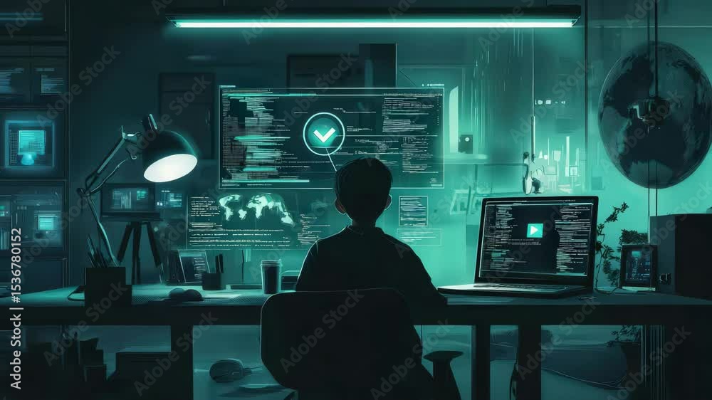 Poster a person sits at a high-tech workstation surrounded by screens displaying code, maps, and digital da