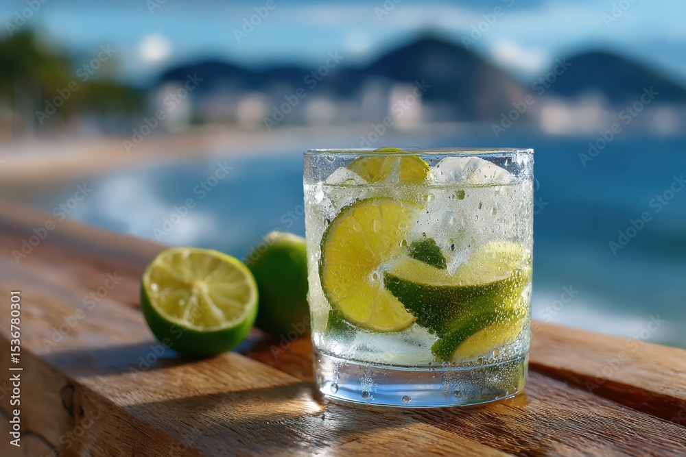 Poster refreshing caipirinha cocktail with lime slices on wooden table overlooking beach, representing leis