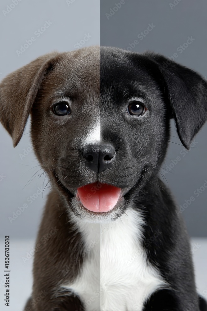 Poster two-faced puppy with different colored fur, symbolizing duality and contrast in pet adoption campaig